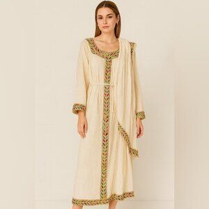 Vintage Ethiopian Cream Boho Maxi Dress Beaded Sequin Embroidered Ethnic